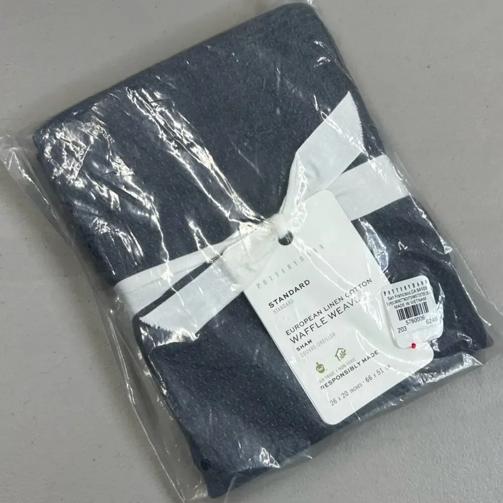 Potterybarn European Linen Cotton Waffle Weave Std Sham Cover Steel Blue NEW